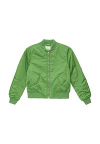 Groene bomberjack met een rits aan de voorkant, ribbelmanchetten en een ribbelzoom. Heeft twee zijzakken en een gladde, glanzende textuur.