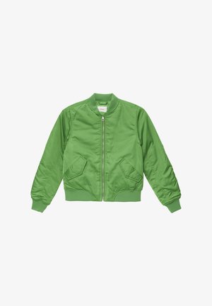 Veste bombardier verte avec fermeture éclair à l'avant, poignets et ourlet côtelés. Dotée de deux poches latérales et d'une texture lisse et brillante.