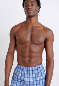 Des sous-vêtements boxers à carreaux bleus et blancs avec une fermeture à bouton, une taille élastique et une petite étiquette noire. La peau a un teint chaud et lisse.