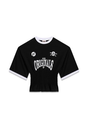 T-shirt nera corta con colletto e orlo bianchi, dettagli arricciati in vita e molteplici stampe grafiche, tra cui "ORIGINALS."