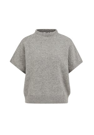 Pull gris à manches courtes avec un col montant et un ourlet côtelé. Fabriqué en matière tricotée douce, avec une coupe décontractée et une texture lisse.