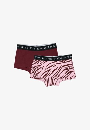 Deux paires de sous-vêtements boyshort pour femmes, un modèle uni rouge foncé et un rose à rayures zèbre marron, tous deux avec des ceintures noires portant l'inscription "THE NEW".