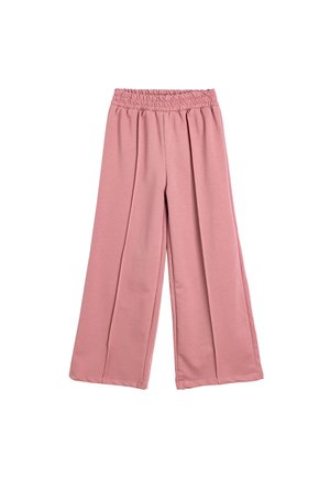 Różowe spodnie o szerokich nogawkach z elastycznym, marszczonym pasem, wykonane z gładkiej tkaniny, ułożone na płasko na białym tle.