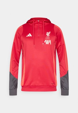 Czerwona sportowa bluza z kapturem na suwak z przodu, z logo L.F.C. i AXA, szare akcenty na rękawach oraz czarne mankiety. Lekka, gładka tkanina.