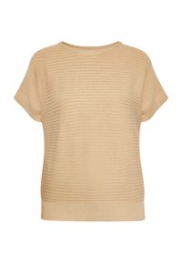 Maglione in maglia beige a maniche corte con texture a coste orizzontali. Collo rotondo e vestibilità rilassata, con un orlo a coste.