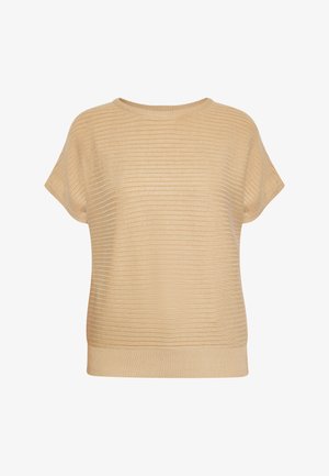 Lyhythihainen beige neulepaita, jossa on vaakasuora ribbitekstuuri. Pyöreä pääntie ja rento istuvuus, joka päättyy ribbireunukseen.