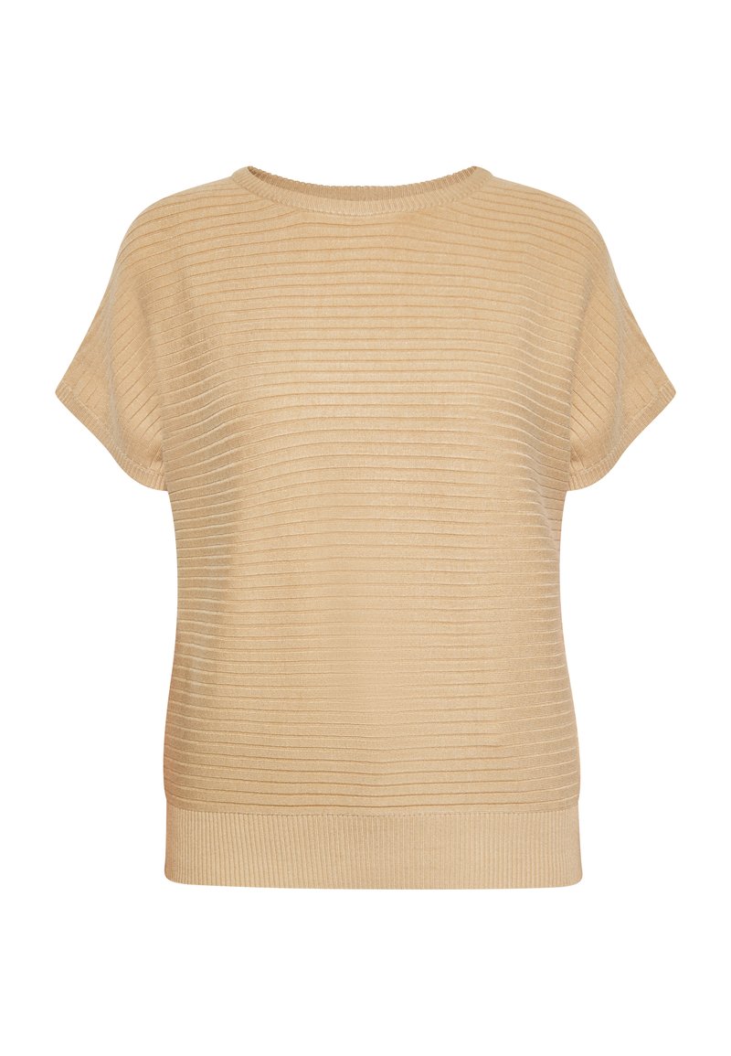 Maglione in maglia beige a maniche corte con texture a coste orizzontali. Collo rotondo e vestibilità rilassata, con un orlo a coste.