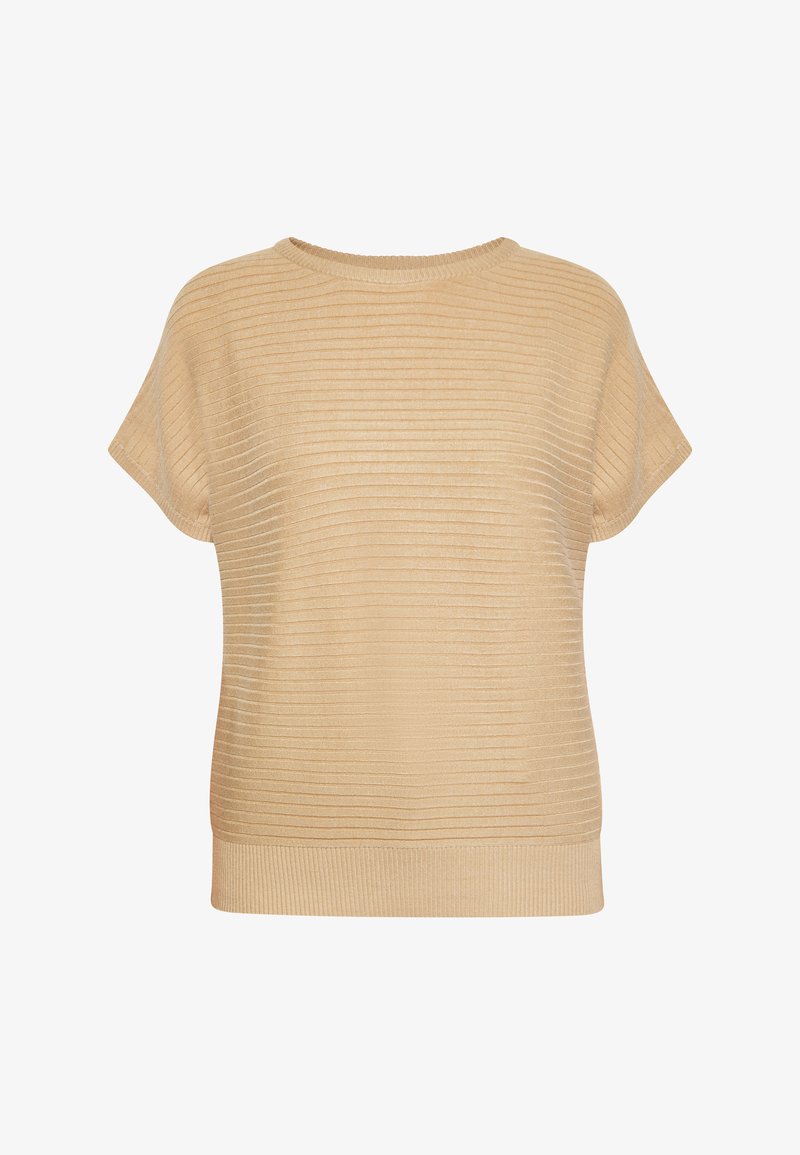 Korte mouwen beige gebreide trui met horizontale ribstructuur. Ronde halslijn en een ontspannen pasvorm, afgewerkt met een ribbelzoom.
