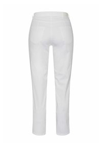 Weiße Capri-Hosen aus einer glatten Baumwollmischung mit zwei Gesäßtaschen und einem engen Bund. Der Saum ist zur Langlebigkeit genäht.