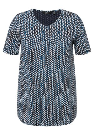 T-shirt à manches courtes, décolleté en V, en noir avec un motif de pois blancs et bleus. Tissu doux avec une coupe décontractée et un détail de pli à l'avant.