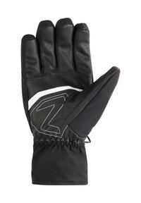 Gant en cuir noir avec un poignet en tissu doux, présentant des accents blancs et un design en zigzag. Coutures renforcées le long des doigts pour plus de durabilité.