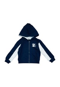 Felpa con cappuccio blu navy, con pannelli laterali bianchi, chiusura frontale a zip e tasche a marsupio. Include un logo sul petto e una texture morbida in misto cotone.