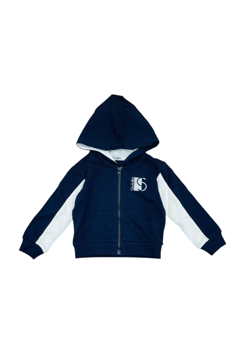 Felpa con cappuccio blu navy, con pannelli laterali bianchi, chiusura frontale a zip e tasche a marsupio. Include un logo sul petto e una texture morbida in misto cotone.