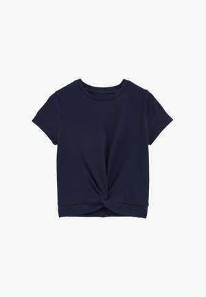 Námornícky modré rebrované tričko s krátkym rukávom, ktoré má detail uzla na leme a okrúhly výstrih. Mäkká textúra látky.