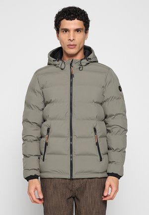 Gewatteerd jack in olijfgroen, met een kap, ritssluiting aan de voorkant en twee zwarte ritssluitingen. Gestructureerde stof met elastische boorden.