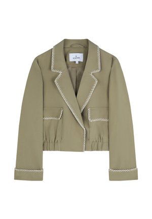 Cropped olive green jacket with white contrasting stitching, structured lapels, two front pockets, and gathered waistband.