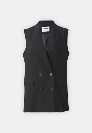 Blazer senza maniche nero realizzato in tessuto morbido, con design doppiopetto, colletto a risvolto e due tasche frontali.