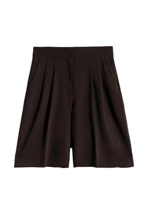 Sötétbarna, magas derekú rövidnadrág széles derékpánttal, elöl pliszírozva, enyhén bővülő sziluettel, fehér háttéren bemutatva.