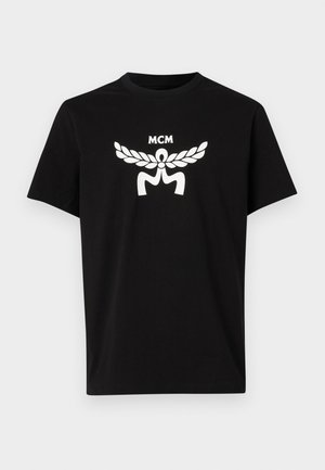 Black cotton t-shirt with short sleeves, featuring a large white MCM logo and laurel design on the front. Classic crew neck.
