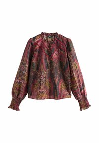 Multi-colored, patterned blouse with long, puffed sleeves and a ruffled neckline. Features smocked cuffs and a button placket for closure.