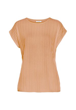 Top color pesco chiaro con morbide pieghe, scollatura rotonda e maniche corte. Il tessuto ha una texture liscia e una vestibilità comoda.