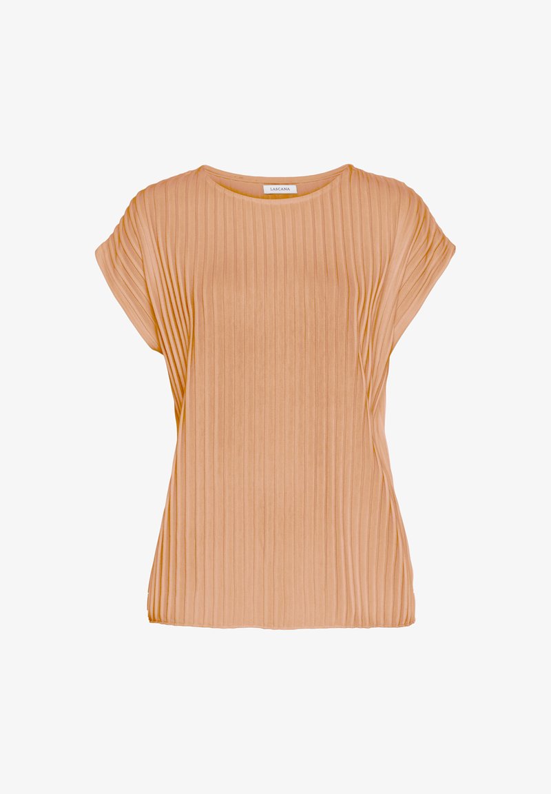 Svetlo broskyňový top s jemnými skladmi, okrúhlym výstrihom a krátkymi rukávmi. Tkanina má hladkú textúru a uvoľnený strih.