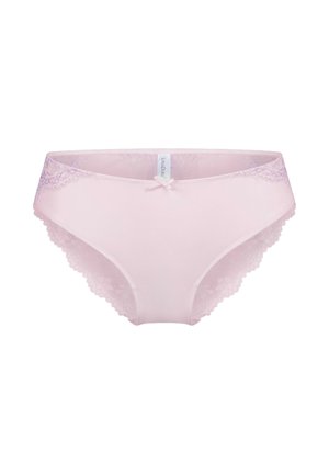 Pink cotton panties with lace accents at the waist and legs, featuring a small center bow and a soft, smooth texture.