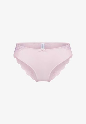 Pink cotton panties with lace accents at the waist and legs, featuring a small center bow and a soft, smooth texture.
