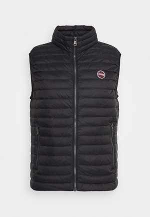 Zwarte doorgestikte mouwloze bodywarmer met rits aan de voorkant, twee ritszakken en een rond Colmar-logo op de linkerborst.