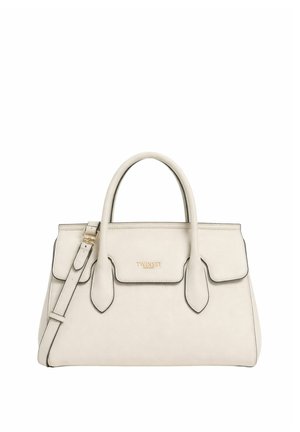 Borsa in pelle color crema con doppio manico, tasche frontali con pattina, tracolla removibile e dettaglio logo "Twinset" dorato.