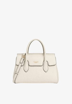 Borsa in pelle color crema con doppio manico, tasche frontali con pattina, tracolla removibile e dettaglio logo "Twinset" dorato.