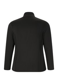 Sort langærmet jakke med høj krave, der har en glat tekstur og tætsiddende design. Ingen synlige metaldele eller mønstre.