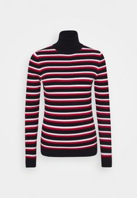 Pull à col roulé rayé noir, rouge et blanc. Texture côtelée, design ajusté, manches longues, et poignets et encolure noirs unis.