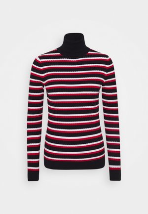 Černý, červený a bílý pruhovaný rolák. Hladký textil, přiléhavý střih, dlouhé rukávy a jednobarevné černé manžety a výstřih.