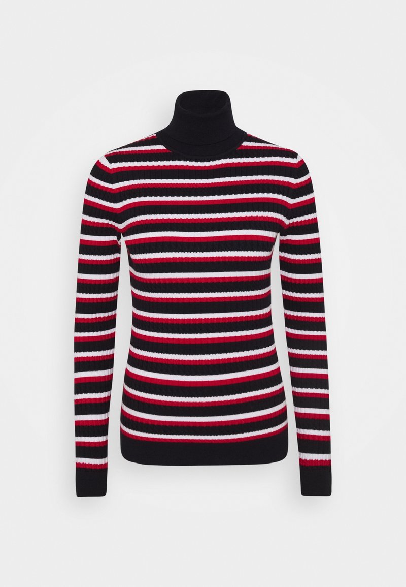 Pull à col roulé rayé noir, rouge et blanc. Texture côtelée, design ajusté, manches longues, et poignets et encolure noirs unis.