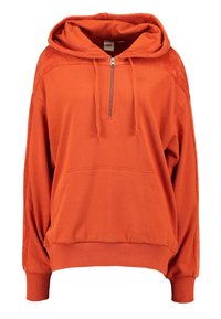 Oranje hoodie met een ritssluiting bij de hals, kangaroo zak en geribbelde manchetten. Gemaakt van zachte stof met een licht gestructureerde afwerking.