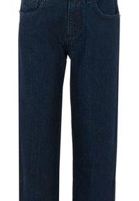 Pantaloni in denim blu scuro con design a gamba dritta, stile a cinque tasche e dettagli di cucitura visibili. Il tessuto ha una texture liscia.