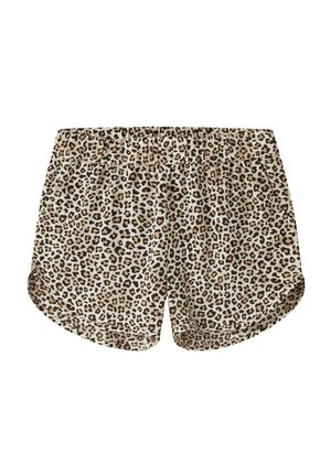 Leopardprintshorts met een elastische tailleband, beige basiskleur en donkerbruine vlekken. Zachte stof met een ontspannen pasvorm en een gebogen zoom.