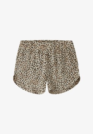 Leopardenmuster-Shorts mit elastischem Bund, beigem Grundfarbton und dunkelbraunen Flecken. Weicher Stoff mit entspannter Passform und abgerundetem Saum.