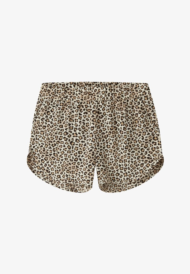 Σορτς με τύπωμα λεοπάρδαλης, ελαστική ζώνη μέσης, μπεζ βάση και σκούρα καφέ στίγματα. Μαλακό ύφασμα με άνετη εφαρμογή και καμπυλωτό τελείωμα.