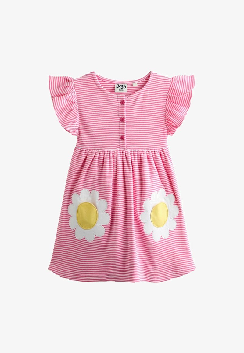 Robe pour tout-petit rayée rose et blanche avec des manches courtes volantées, des boutons à l'avant et deux grandes poches fleurs blanches et jaunes.
