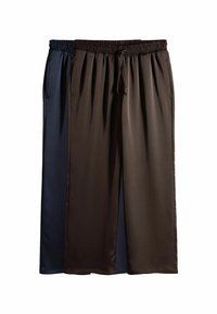 Divas pāris brīva piegriezuma, elastīgu jostu bikses tumši zilā un brūnā krāsā, izgatavotas no gludas, vieglas auduma ar sānu kabatām.