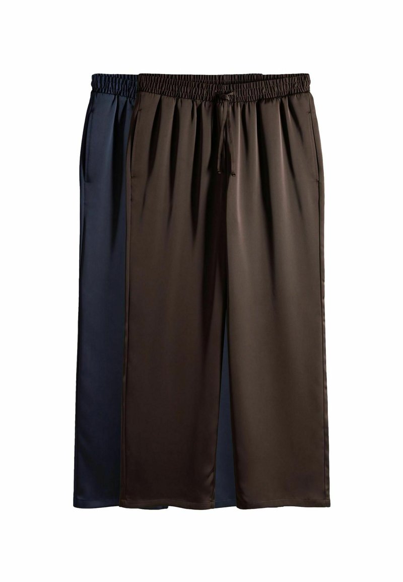 Divas pāris brīva piegriezuma, elastīgu jostu bikses tumši zilā un brūnā krāsā, izgatavotas no gludas, vieglas auduma ar sānu kabatām.