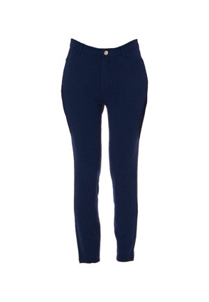 Pantaloni slim-fit blu navy in tessuto elasticizzato. Presentano un bottone frontale, una vita e due tasche laterali. Texture liscia in tutto il capo.