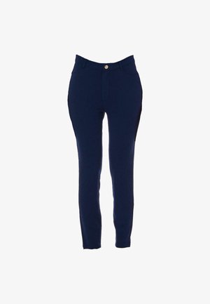 Pantaloni slim-fit blu navy in tessuto elasticizzato. Presentano un bottone frontale, una vita e due tasche laterali. Texture liscia in tutto il capo.
