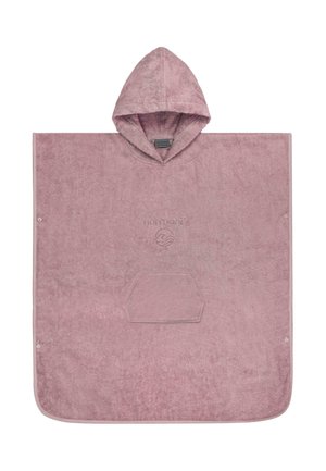 Pinkes Kapuzenhandtuch-Poncho mit Vordertasche, besticktem Logo und Druckknöpfen entlang der Seiten für eine verstellbare Passform.