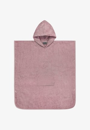 Pinkes Kapuzenhandtuch-Poncho mit Vordertasche, besticktem Logo und Druckknöpfen entlang der Seiten für eine verstellbare Passform.