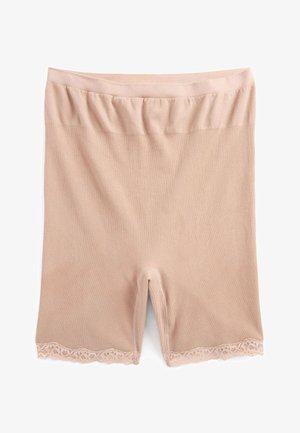 Short en shapewear côtelé jusqu'au genou en beige clair avec une finition en dentelle le long de l'ourlet ; tissu doux et extensible pour le confort et le soutien.