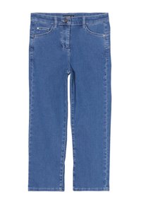 Jean en denim bleu clair avec une coupe droite, dotés de poches avant, d'une fermeture à bouton et de détails de couture discrets.