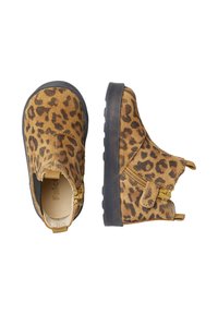 Stivaletti in suede con stampa leopardata per bambini, con suole in gomma nere, zip laterale e linguette, mostrati da vedute dall'alto e di lato.